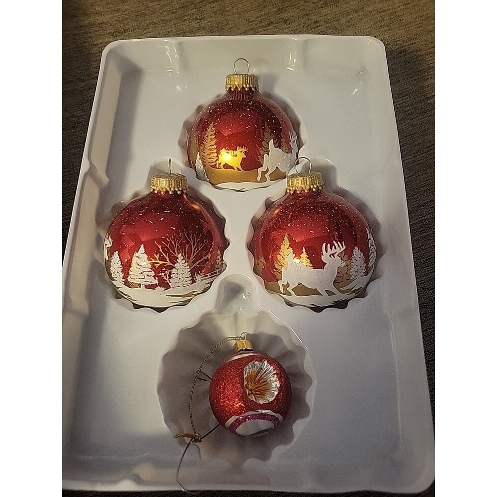 3 Deer In The Forrest Red Glass Ornaments And One Indent Winter Scene Christmas